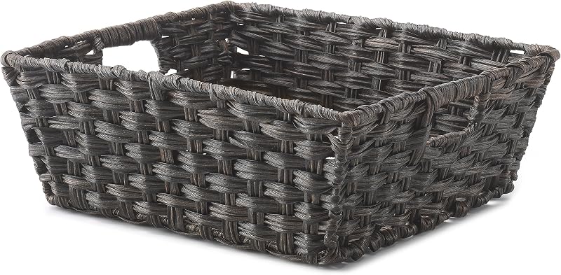 Woven Storage Basket for Shelves, Plastic Wicker Organizer Bin with Handles, Metal Structure Decorative Shelf Tote for Closet, Bathroom, Pantry & Office Organization, Brown, Medium-Wide