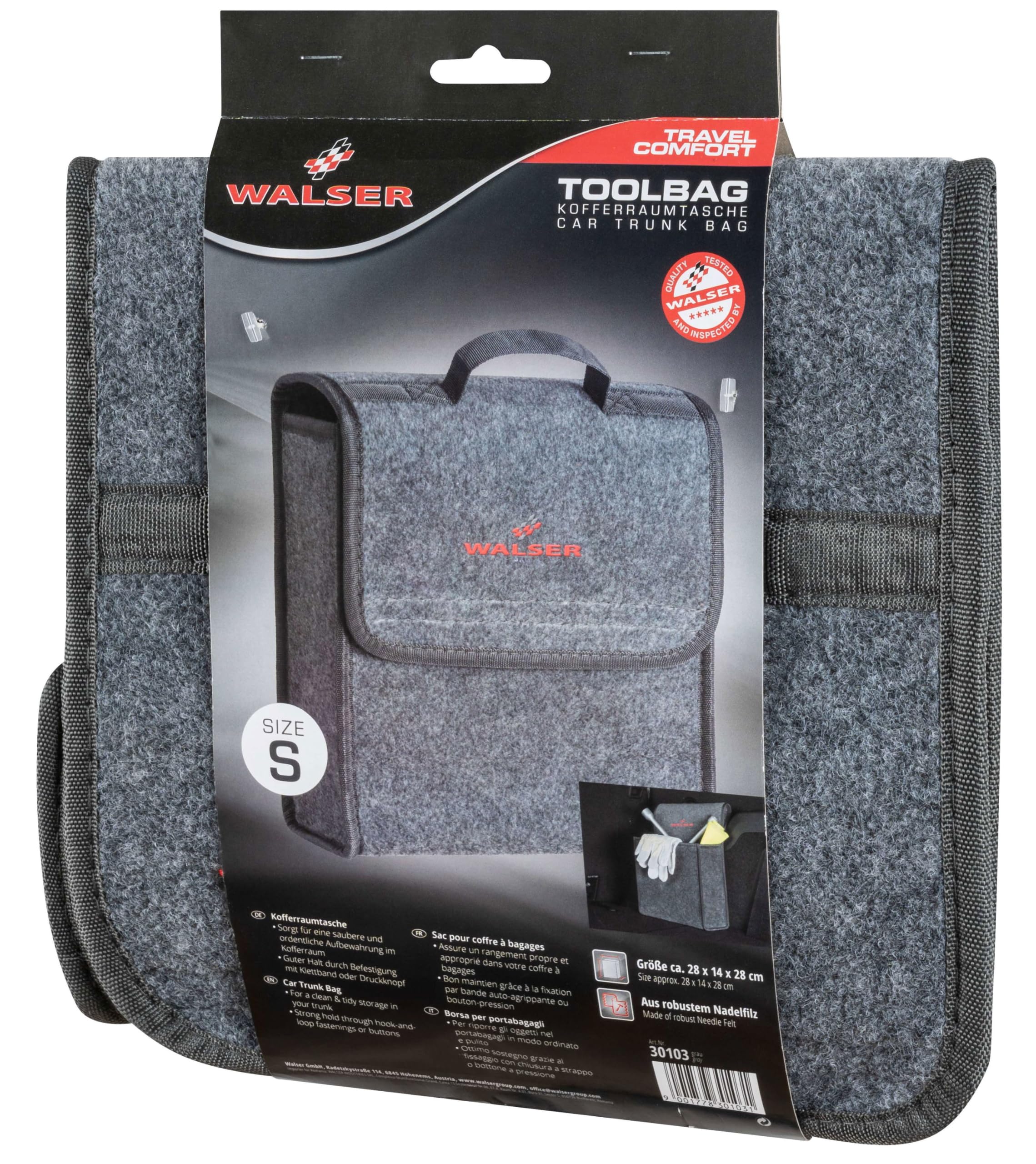 Walser Torba do bagażnika Toolbag rozmiar S, organizer do bagażnika z filcu igłowanego, torba samochodowa, torba do przechowywania samochodów osobowych, torba na narzędzia do bagażnika 29x28x13 cm szara