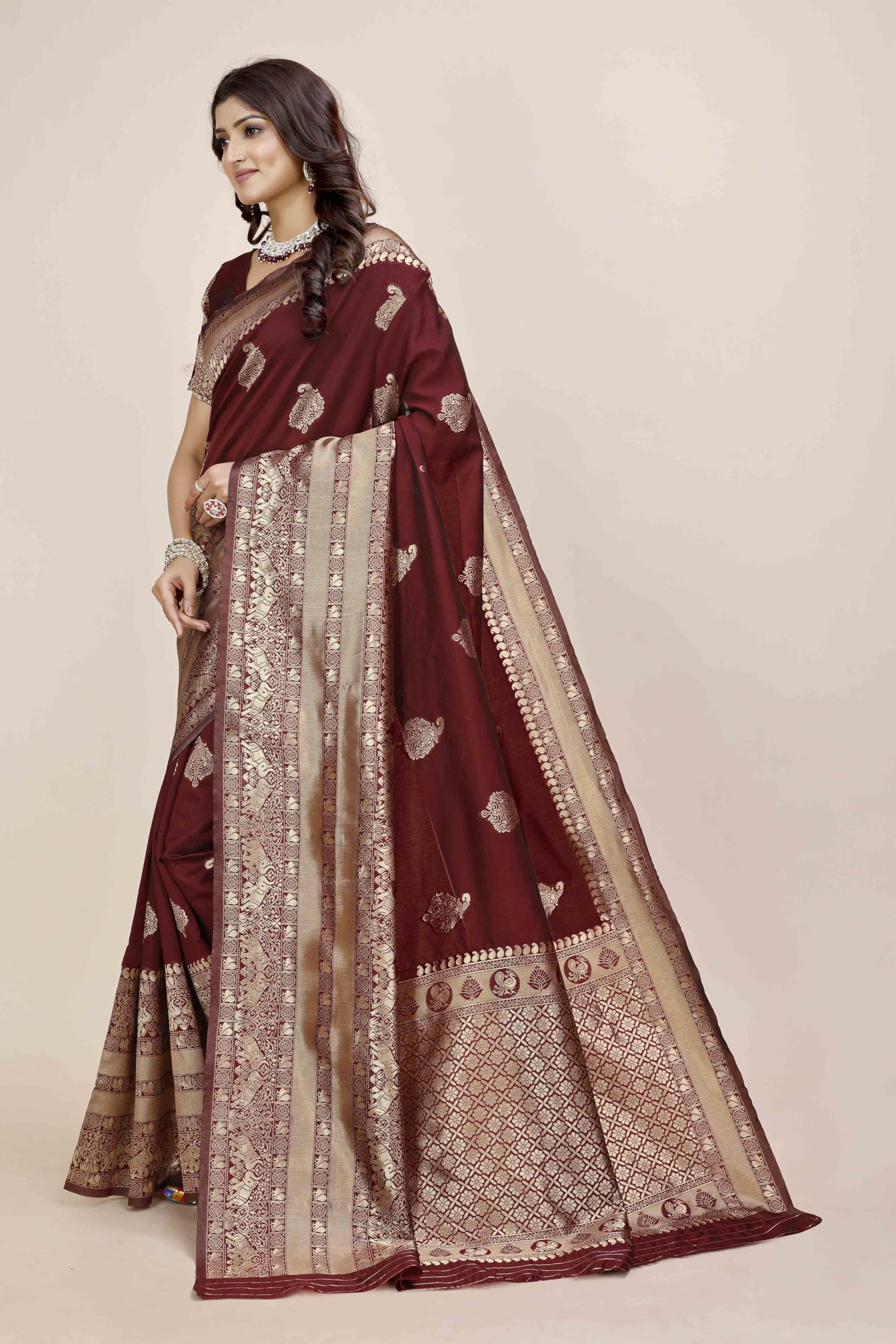 Shasmi Women's Banarasi Saree Pure Kanjivaram Silk Saree Soft New Ladies 2025 Design Wear Pattu Sarees Latest Party Sari Collections With Blouse Piece For Wedding Sadi (Pari-208 Maroon)