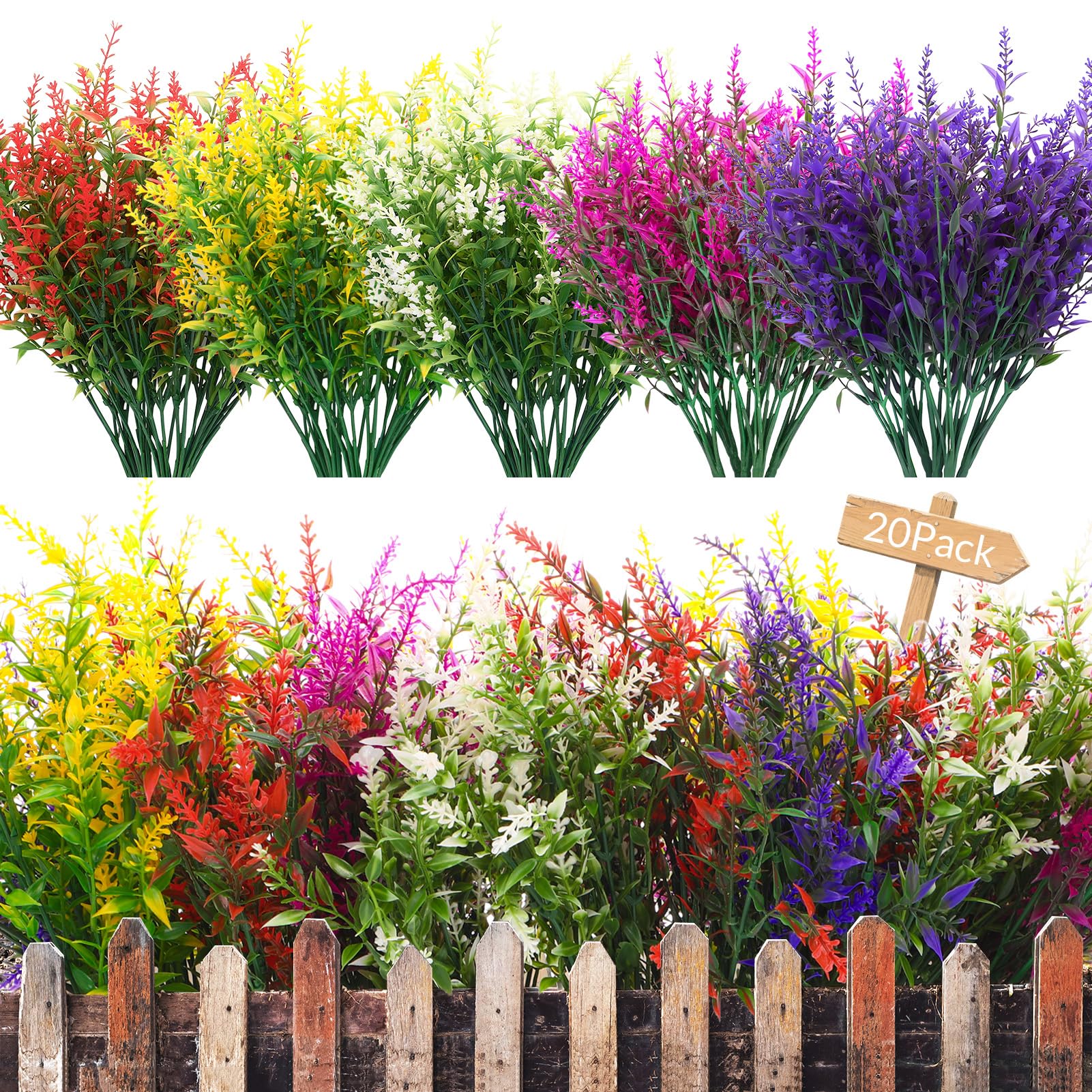 saerryor 20 Bundles Artificial Flowers Outdoor, Artificial Lavender Flowers Indoor and Outside, Plastic Faux Flower UV Resistant Fake Plants for Garden Home Bedroom Office Wedding Decor(Mixed Color)