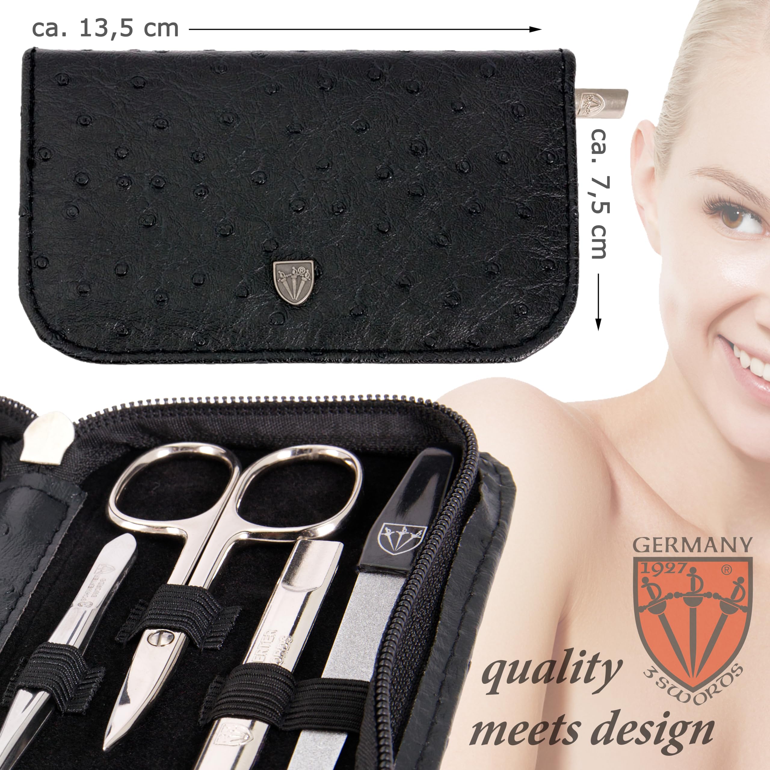 Tres Espadas - Set para el cuidado de las uñas ´Salamanca` de viaje con estuche para manicura y pedicura con lima de uñas de vidrio - Calidad de marca by 3 Swords (7681)