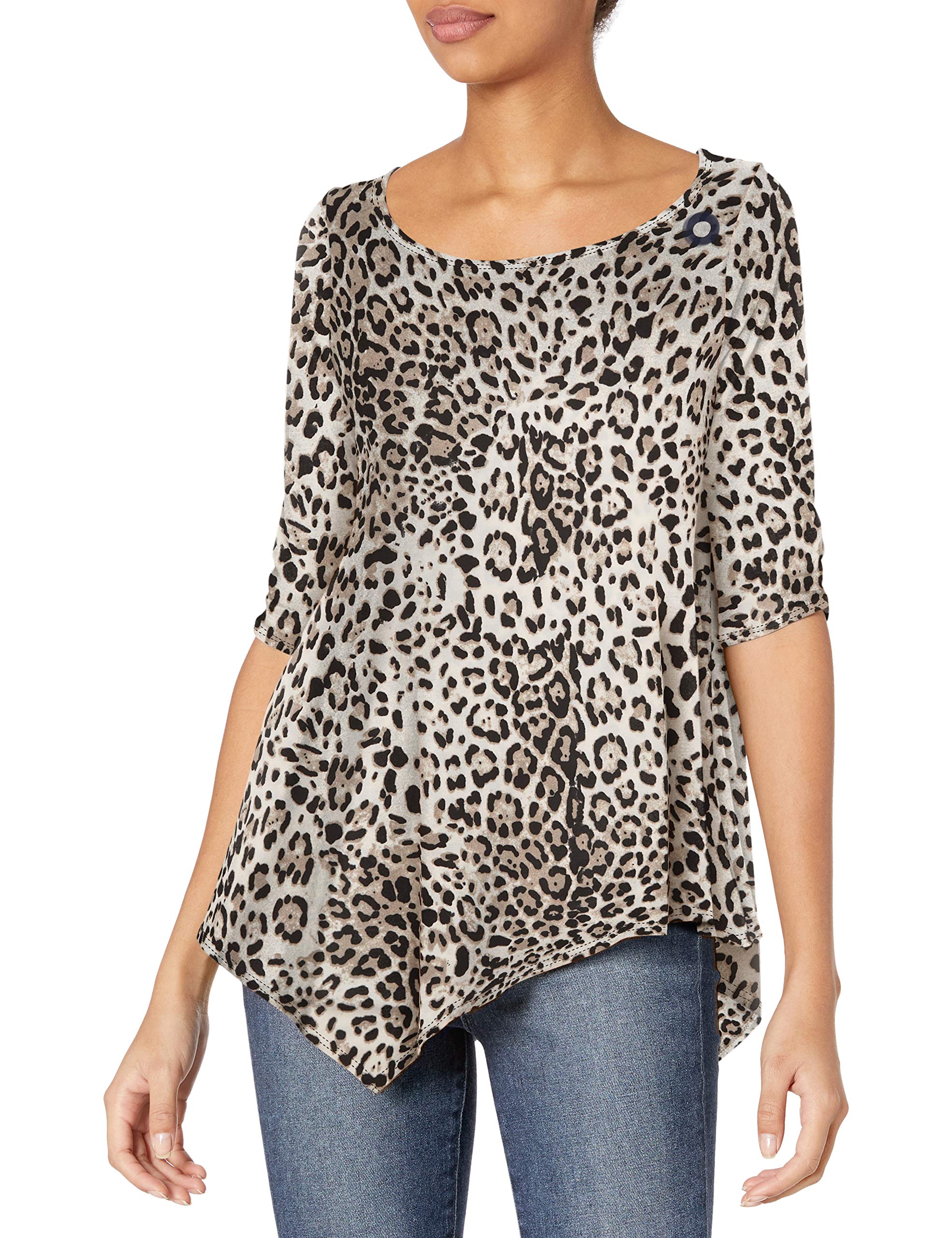 Star Vixen Women's Hanky Hem Top, Elbow Sleeve with Cinch Detail Blouse, Grey Cheetah, 3X