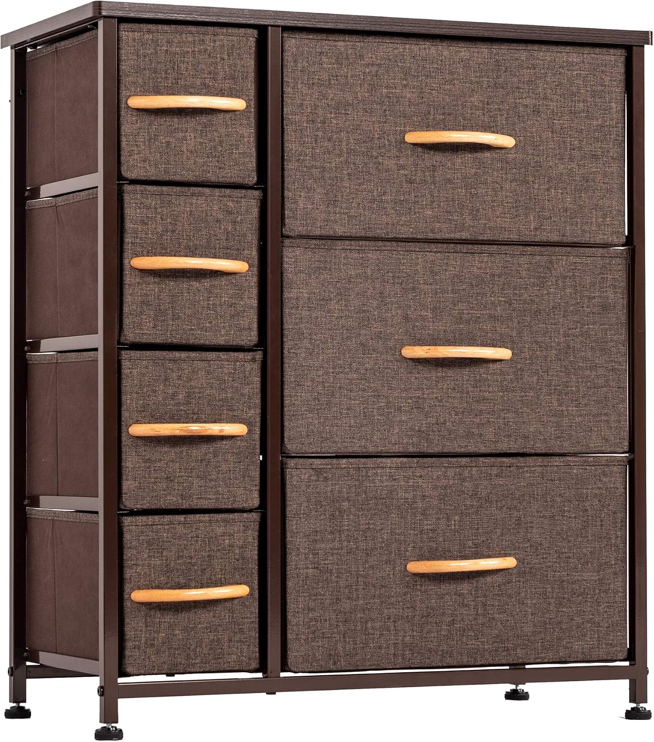 WAYTRIM Dresser Storage Tower with 7 Drawers, Fabric Storage Chest, Organizer Unit for Bedroom, Tall Dresser with Sturdy Steel Frame, Wood Top, Easy Pull Fabric Bins, Wood Handles - Brown