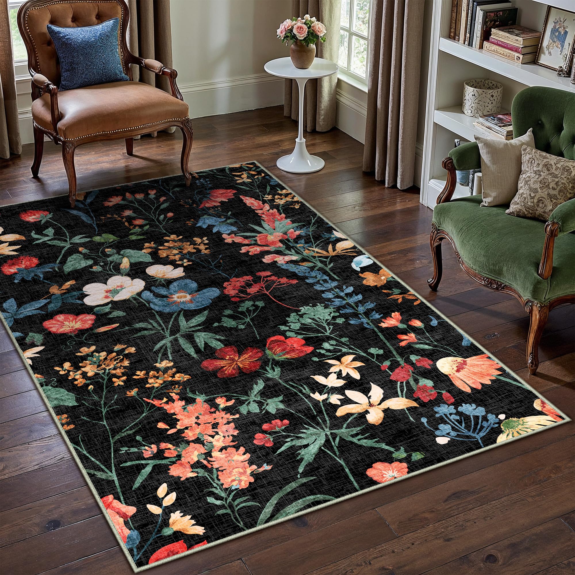 PureCozy Black Area Rug 4x6 Office Floral Indoor Door Mat Washable Boho Kitchen Living Room Carpet Non Slip Bedroom Low Pile Lightweight Throw Rug for