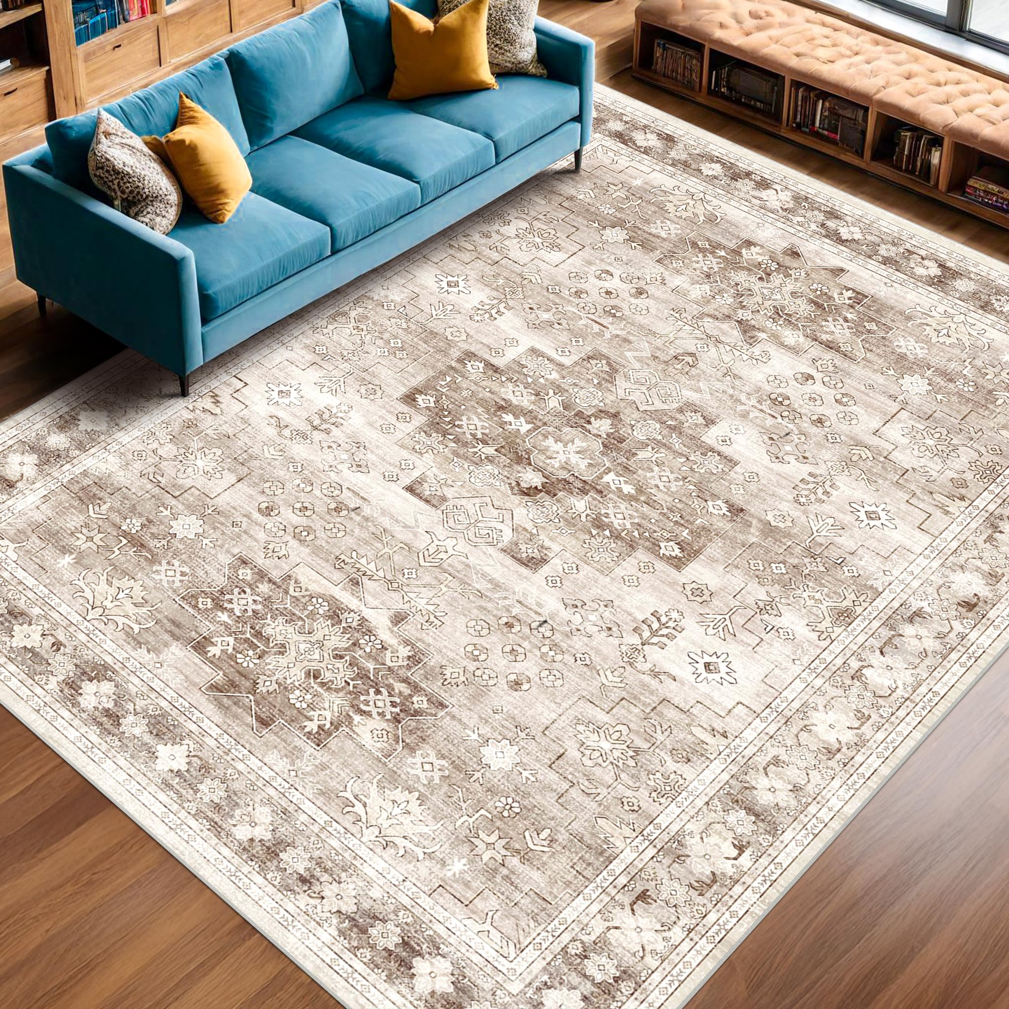 Photo 1 of Washable Farmhouse Living Room Rug, 8x10 Area Rugs for Bedroom, Dining Room Under Table Carpet, Kids Room, Large Boho Vintage Non-Slip Floral Rugs Low Pile Stain Resistant (8x10 Beige/Latte)
