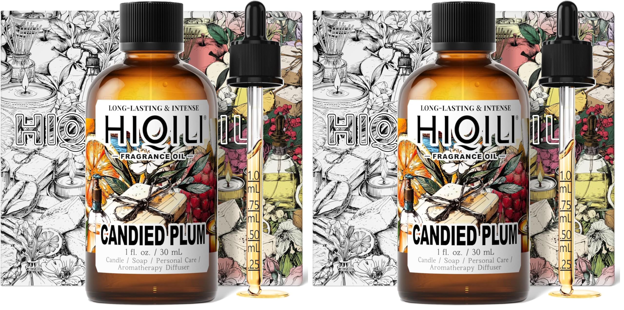 HIQILI Candied Plum Fragrance Oil for Diffuser, Candle &amp; Soap Making, Personal Care Scenting, Gourmand Notes, Long-Lasting Scent - 1 Fl Oz (Pack of 2)