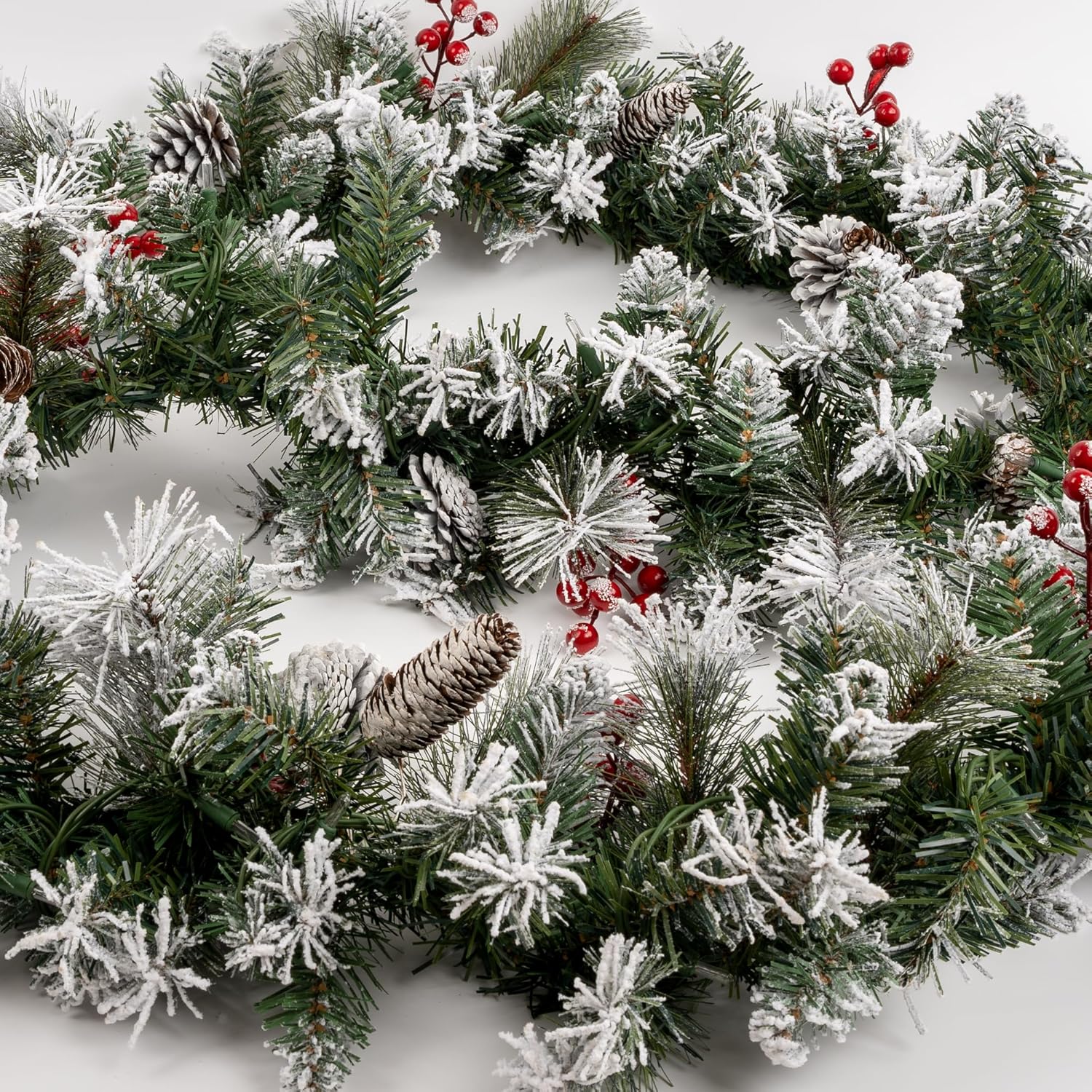 9FT Pre-Lit Artificial Christmas Garland with 50 Lights, Snow Flocked Garland Decorated with Pine Cones and Red Berries, Plug-in Xmas Garland for Mantel, Staircase