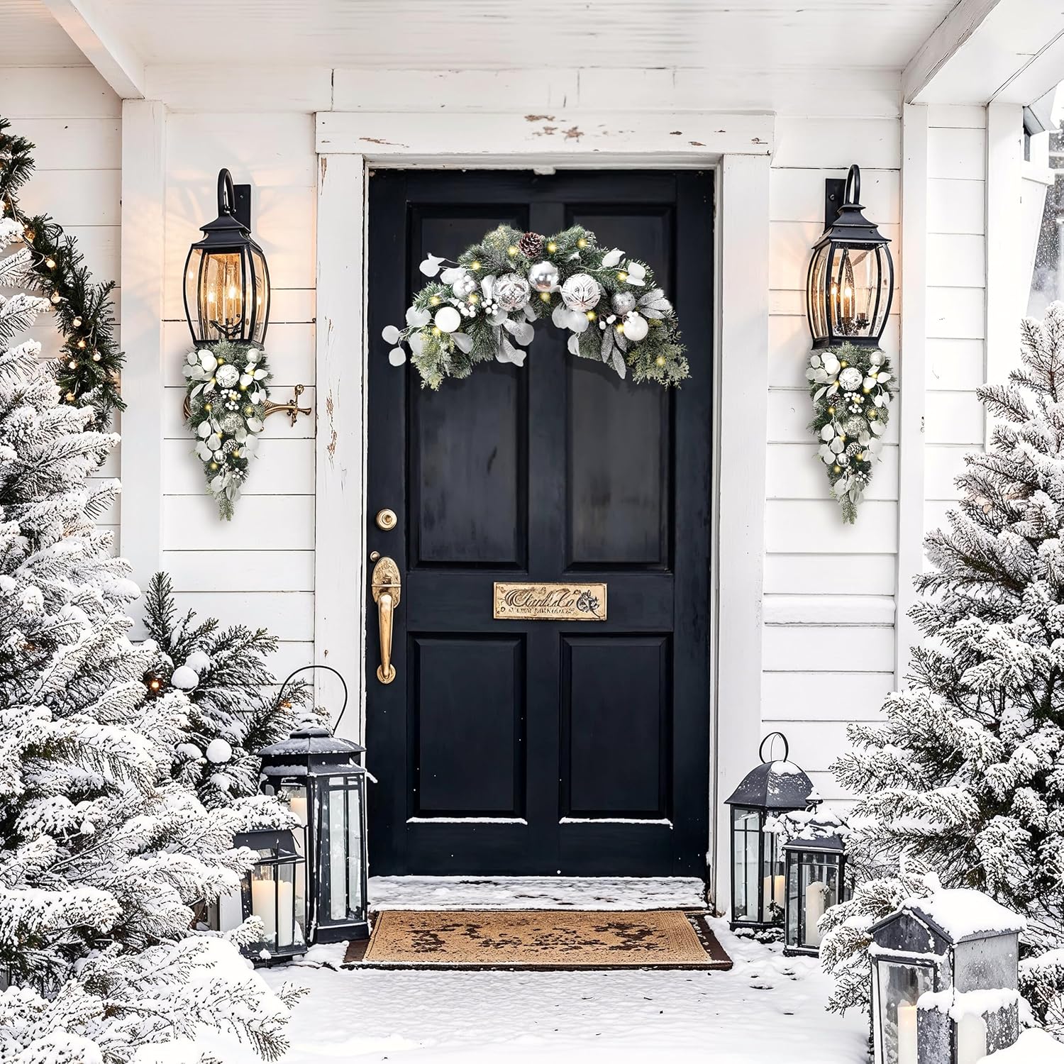 Valery Madelyn 24 Inch Christmas Teardrop Swag for Decorating Outdoor,Sliver White Mailbox Pre-Lit Swag with 20 LED Lights,Xmas Ball Ornament for Front Door Stairway Window Shelf Home Decor Party Gift