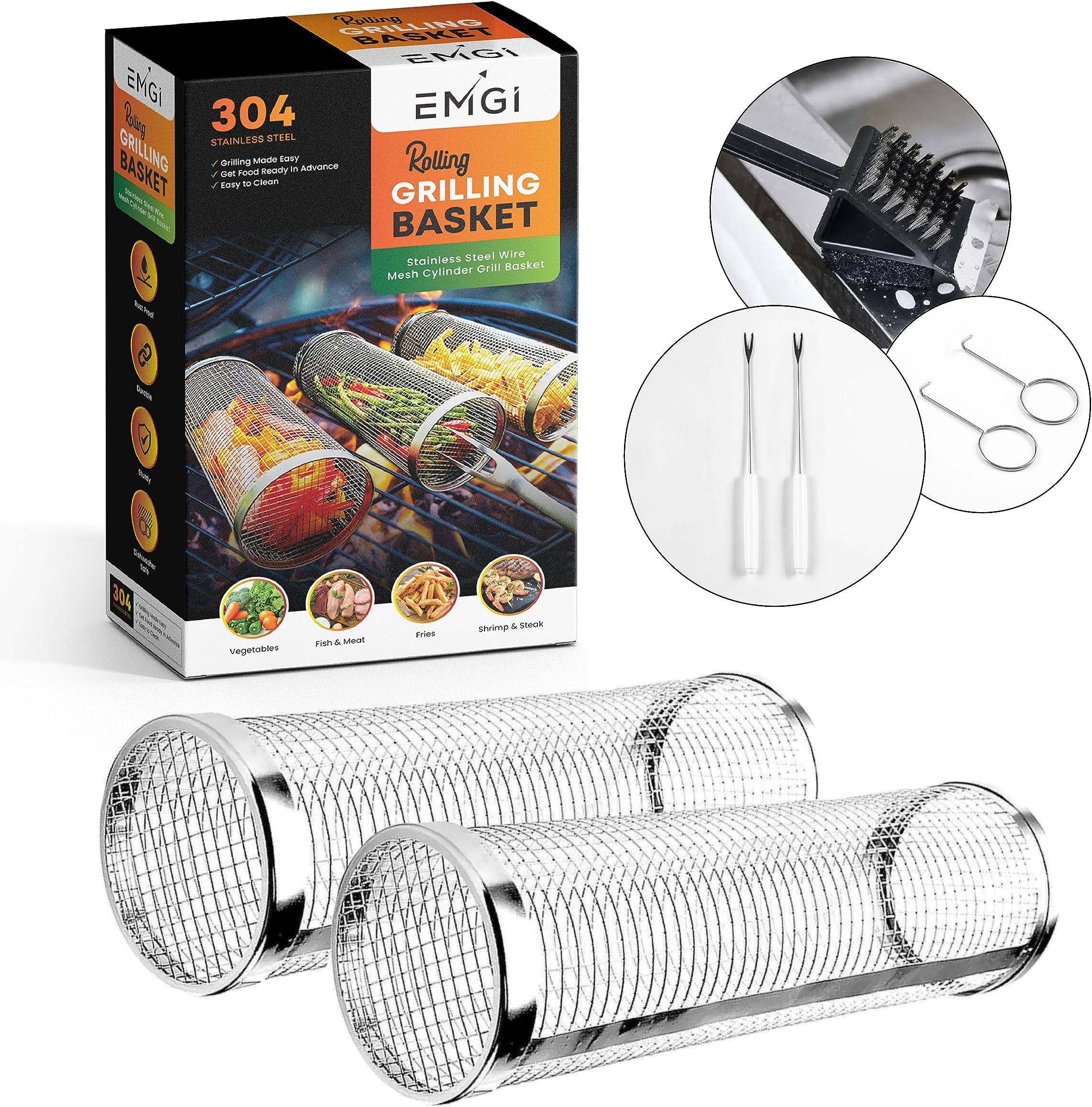 Grill Basket 2 PCS, BBQ Grill Basket, Rolling Grilling