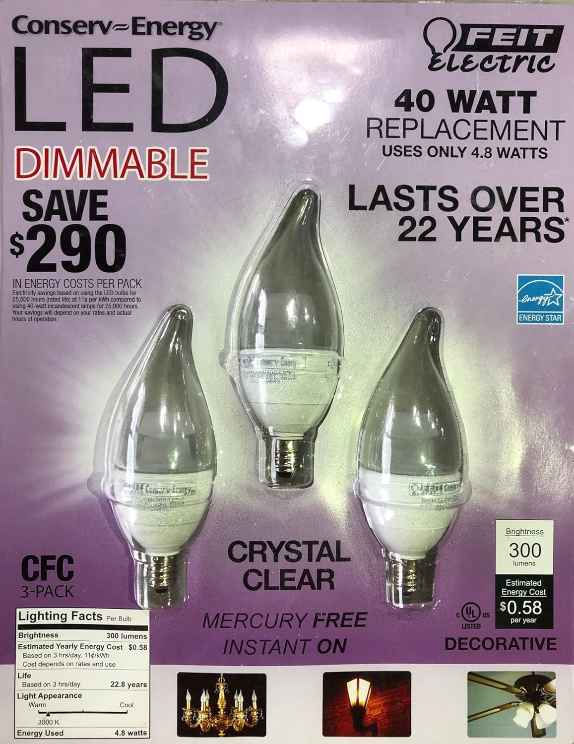 Feit 4.8 Watt = 40 Watts LED Candelabra Light Bulbs 3Pack 3000K Led