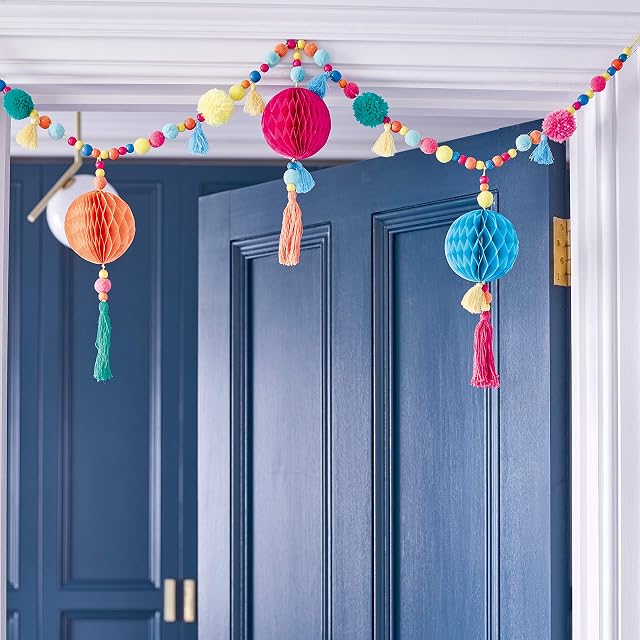 Talking Tables Boho Party Decorations | Pom Poms Garland with Tassel and Colourful Paper Honeycombs (1m) | For Mexican Fiesta Birthday Party Supplies, Encanto, Cinco De Mayo, Summer Garden Celebration