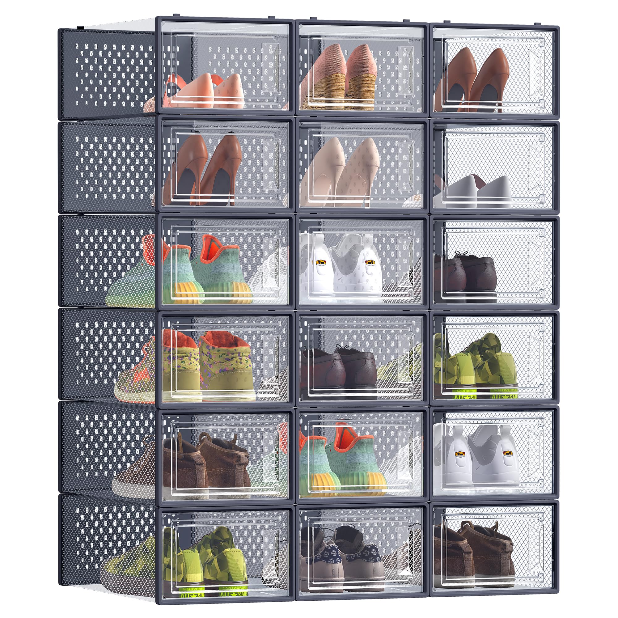 SONGMICS Shoe Boxes, Pack of 18 Stackable Shoe Storage Organisers, Foldable and Versatile for Sneakers, Fit up to UK Size 8, Dark Greyish Blue LSP18SB30