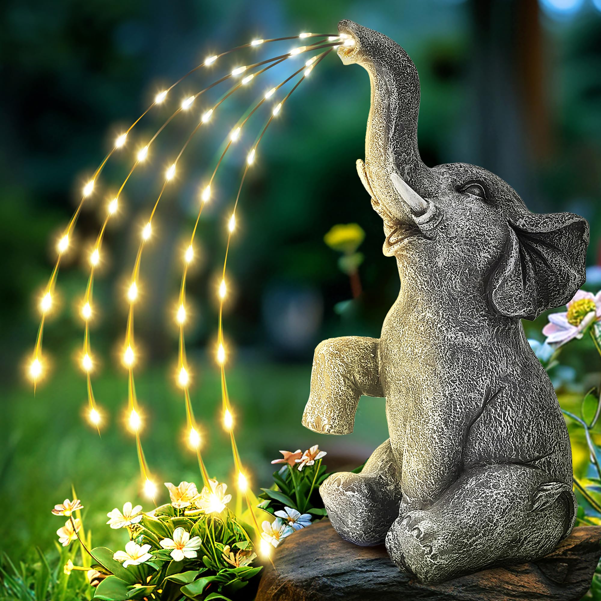 GIGALUMI Aktualisierung Elefanten Statue Gartendeko, Echte Bewässerung Elefant Figur Solar LED Lichter, Geschenk für Mama, Frauen Geburtstagsgeschenke, Elefanten Dekoration für Terrasse(Fließend)