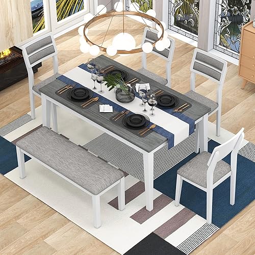 Miniatura 11 de Merax Juego de mesa de comedor de madera de 60 pulgadas con 4 sillas tapizadas y 1 banco, estilo clásico y tradicional, lavado de madera natural