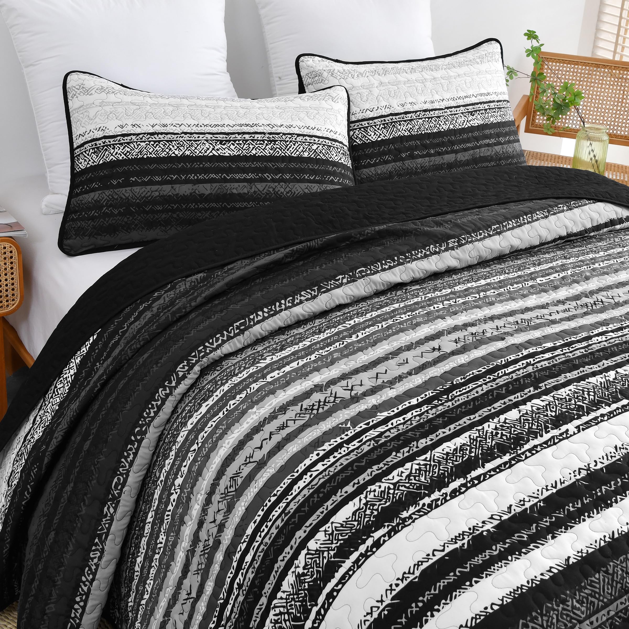 DJY Black Striped Quilt Set King Size, Boho Stripe Patchwork Bedspread Coverlet Set Soft Microfiber Quilt Bedding Set 3 Pieces for All Season(104"x90")