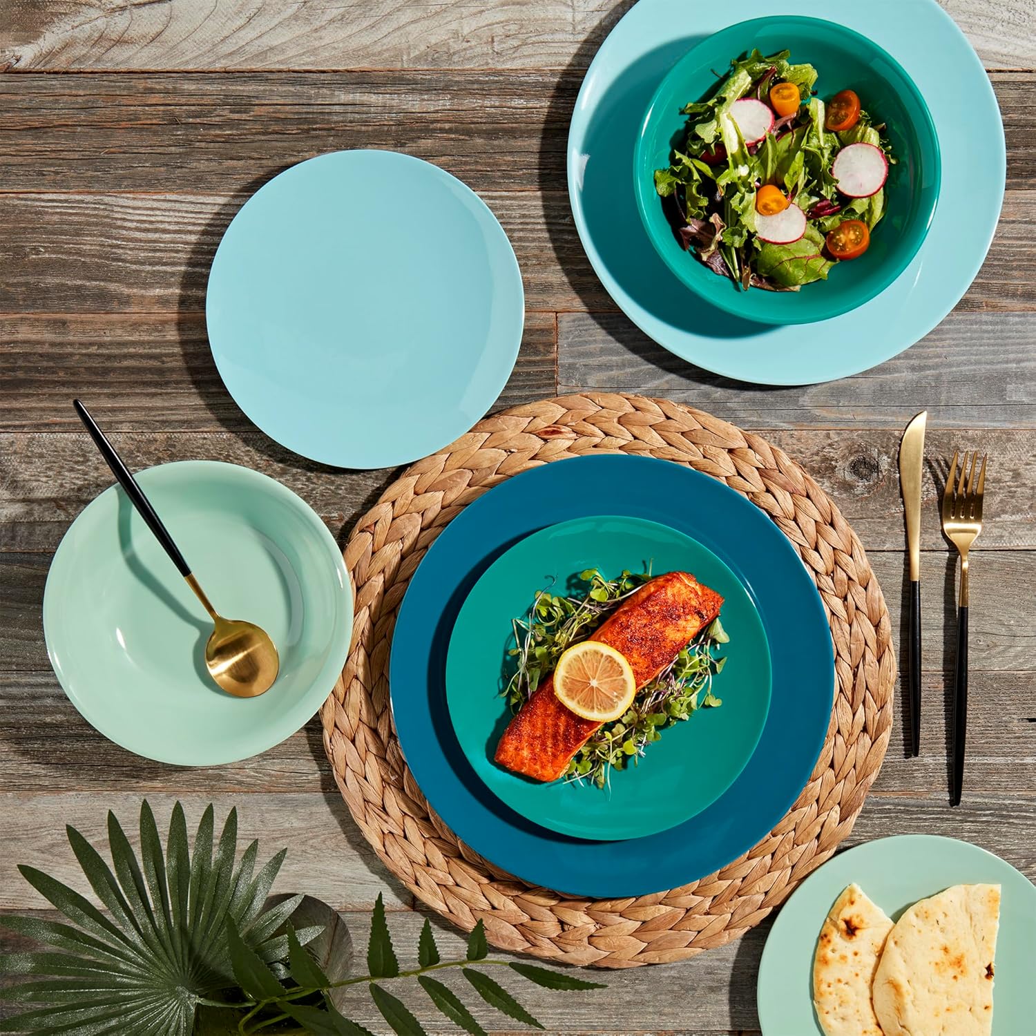 Tabletops Gallery 12 Piece Green Teal Blue Melamine Dinnerware Set Plates Bowls for Indoor Outdoor Use, Service for 4, Peacock
