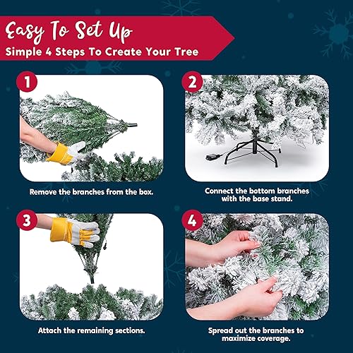 Miniatura 6 de JOIEDOMI Árbol de Navidad artificial preiluminado de 6 pies, árbol de Navidad flocado de nieve de tamaño completo con 300 luces LED blancas cálidas,