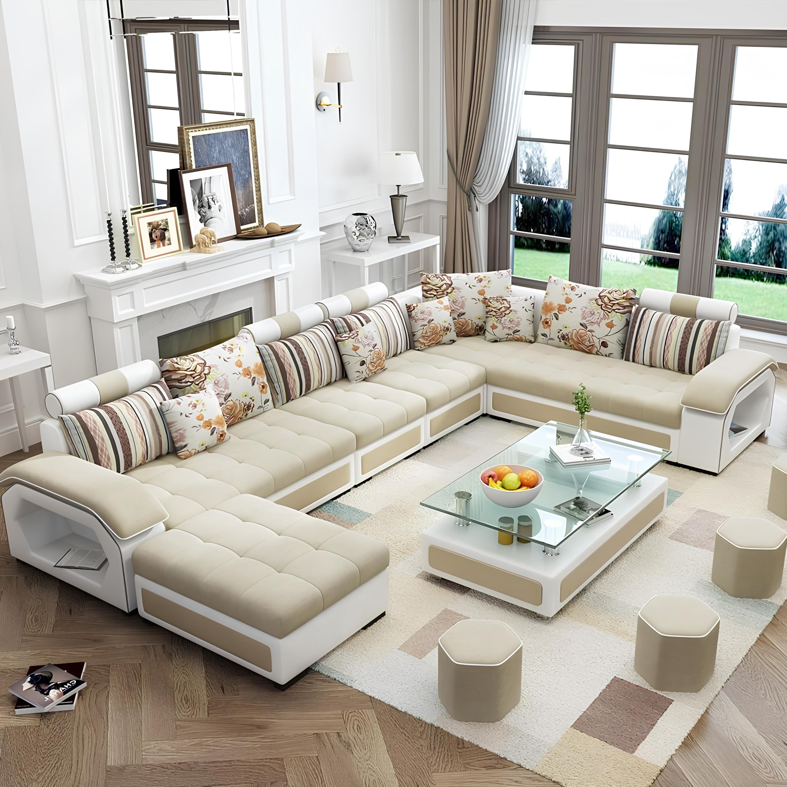 Brown Maple U-Shape Sectional Sofa Set for Living Room | 10-Seater Fabric Sofa with Tea Table & 4 Puffy | Spacious Seating for 14 Persons | Pre-Assembled, Modern Comfort Design(White)-image-7