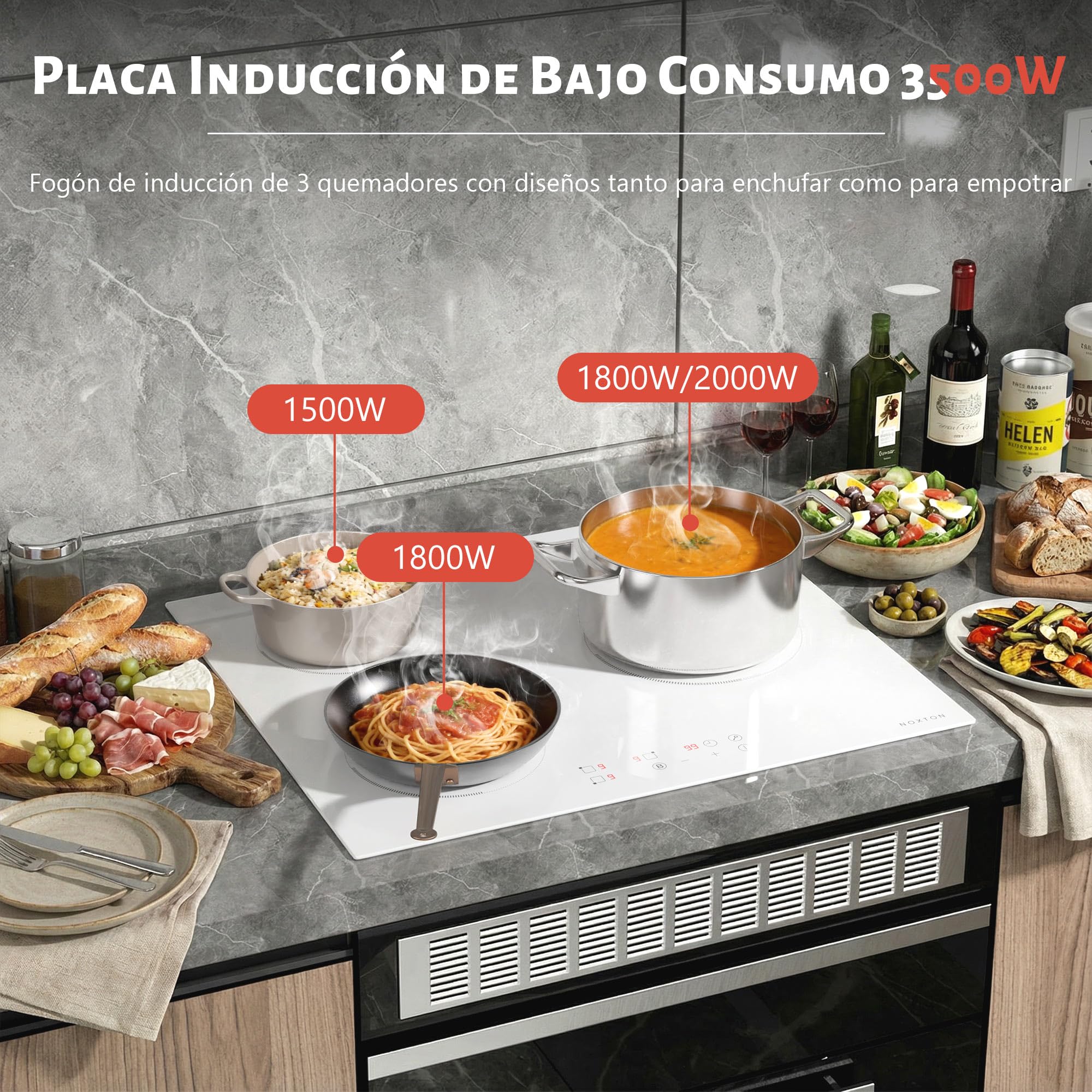NOXTON Placa de Inducción Blanca 3 Fuegos, 60 cm, con Enchufe | NOXTON unción de Boost, Control táctil, Temporizador, Bloqueo de Seguridad, Apagado Automáti, 220 V - 240 V, 3500 W
