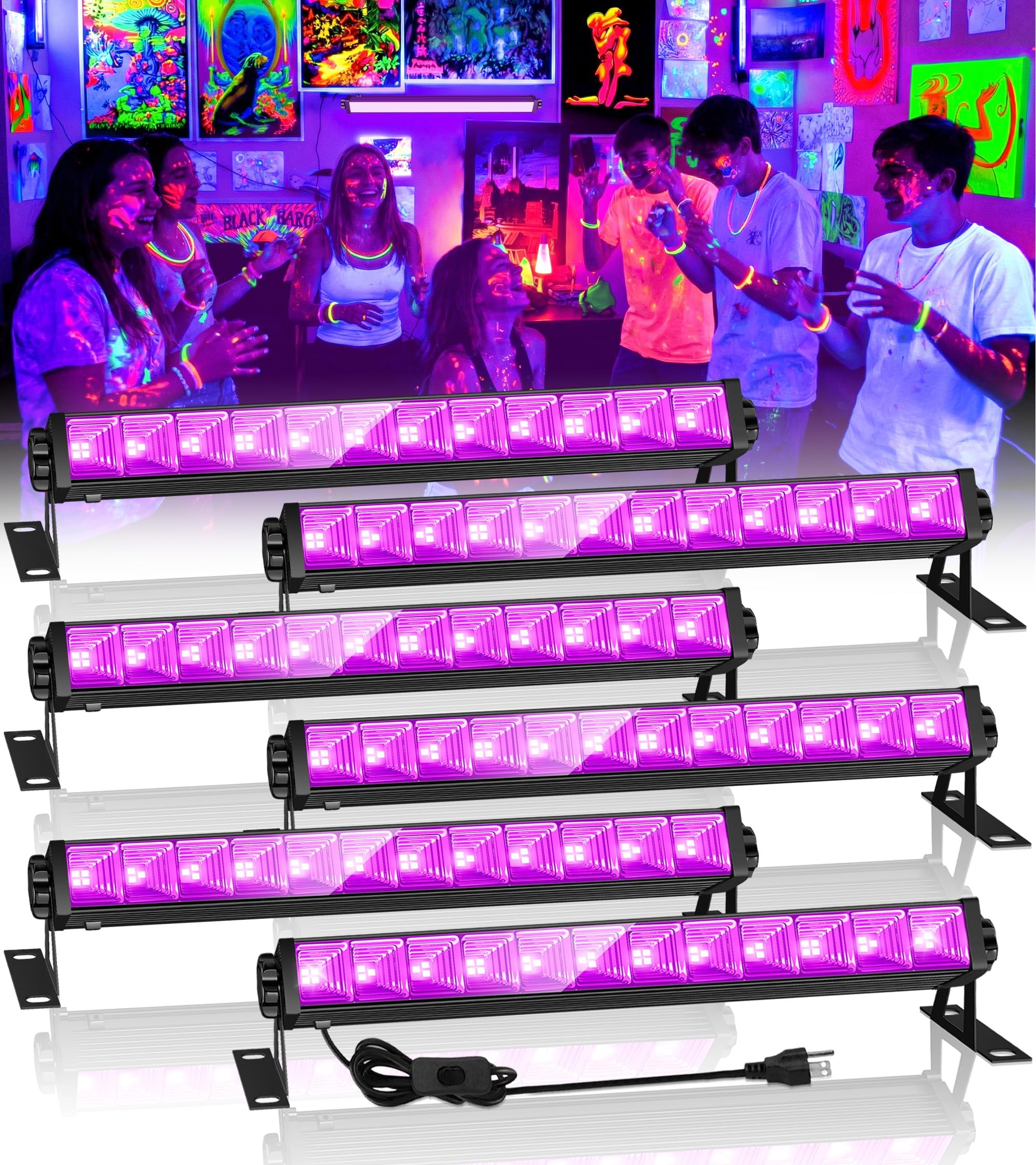 42W 6 Pack LED Black Light Bar, Blacklight Light Up to Lagre Area with 6ft Cable+Switch+Plug, Glow Party Light Supply for Halloween, Fluorescent Poster, Body Paint, Birthday,Classroom, Bedroom