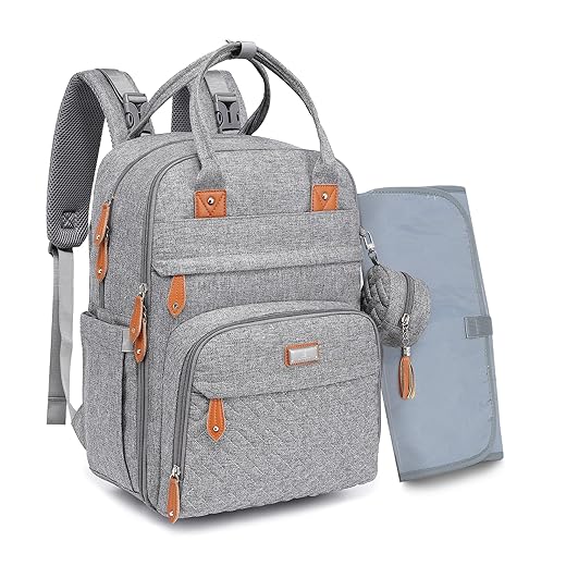 BabbleRoo Waterproof Diaper Bag Backpack - Baby Essentials Travel Tote - Multi function with Changing Pad, Stroller Straps & Pacifier Case - Unisex, Light Gray