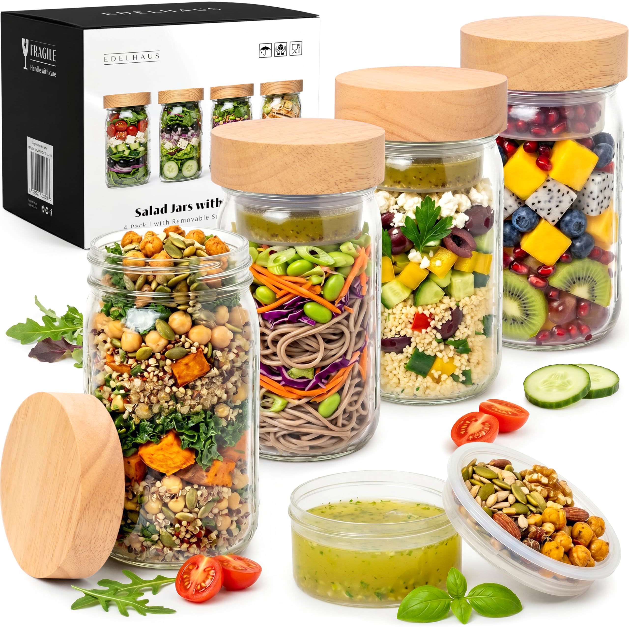 4 Pack Glass Salad Jars with Wooden Lids