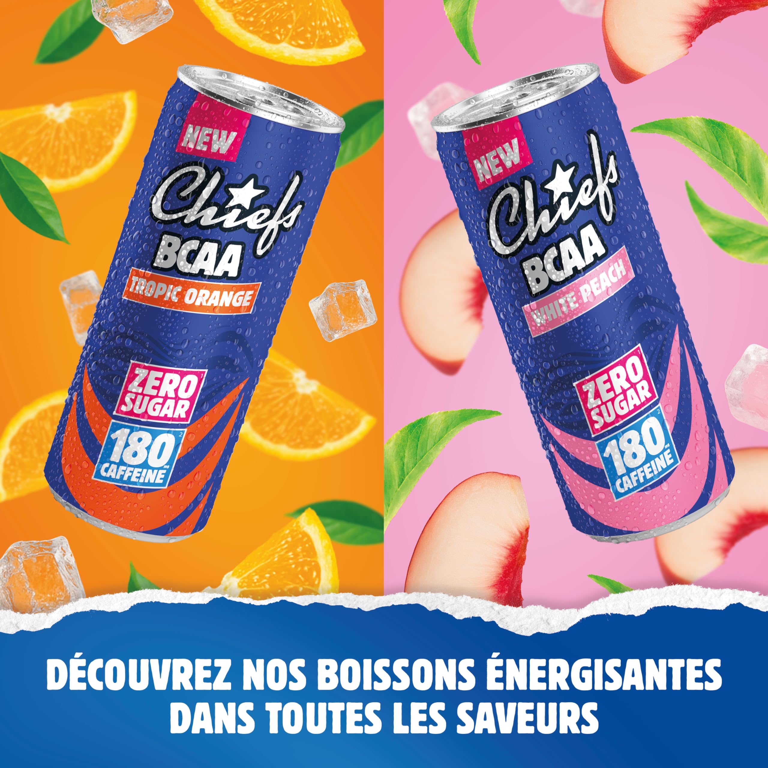 CHIEFS Boisson énergisante goût Orange Tropicale, 180 mg de caféine, 24x330ml boissons énergétiques, Sans Sucre et avec BCAA (Tropic Orange)