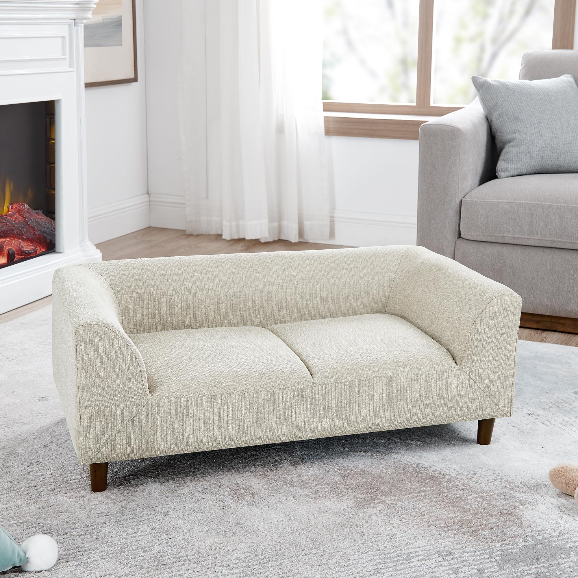39" Dog Couch Bed, Comfy Linen Fabric Pet Sofa with Backrest and Armrests, Elevated Dog Couches with Wooden Legs for Dogs and Cats, Easy to Clean (Beige)