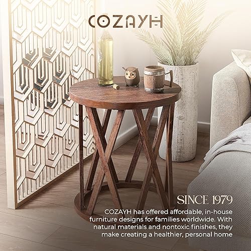 Miniatura 7 de COZAYH Mesa auxiliar de granja, mesa auxiliar redonda rústica con patas de motivos en X, parte superior texturizada de madera, para estilo bohemio,