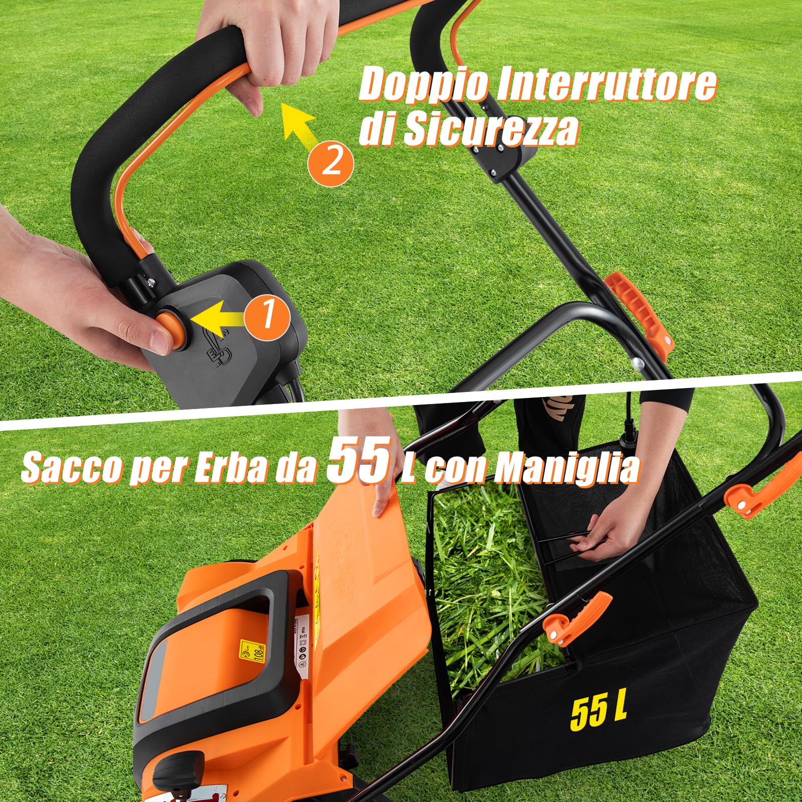 COSTWAY 2 in 1 Scarificatore Elettrico, 40 cm, 2000W, 3500rpm, Erbicida Pieghevole con Sacca di Raccolta da 55L, Regolazione Profondità 5 Livelli, Adatto Prato 800 ㎡ (Arancione)