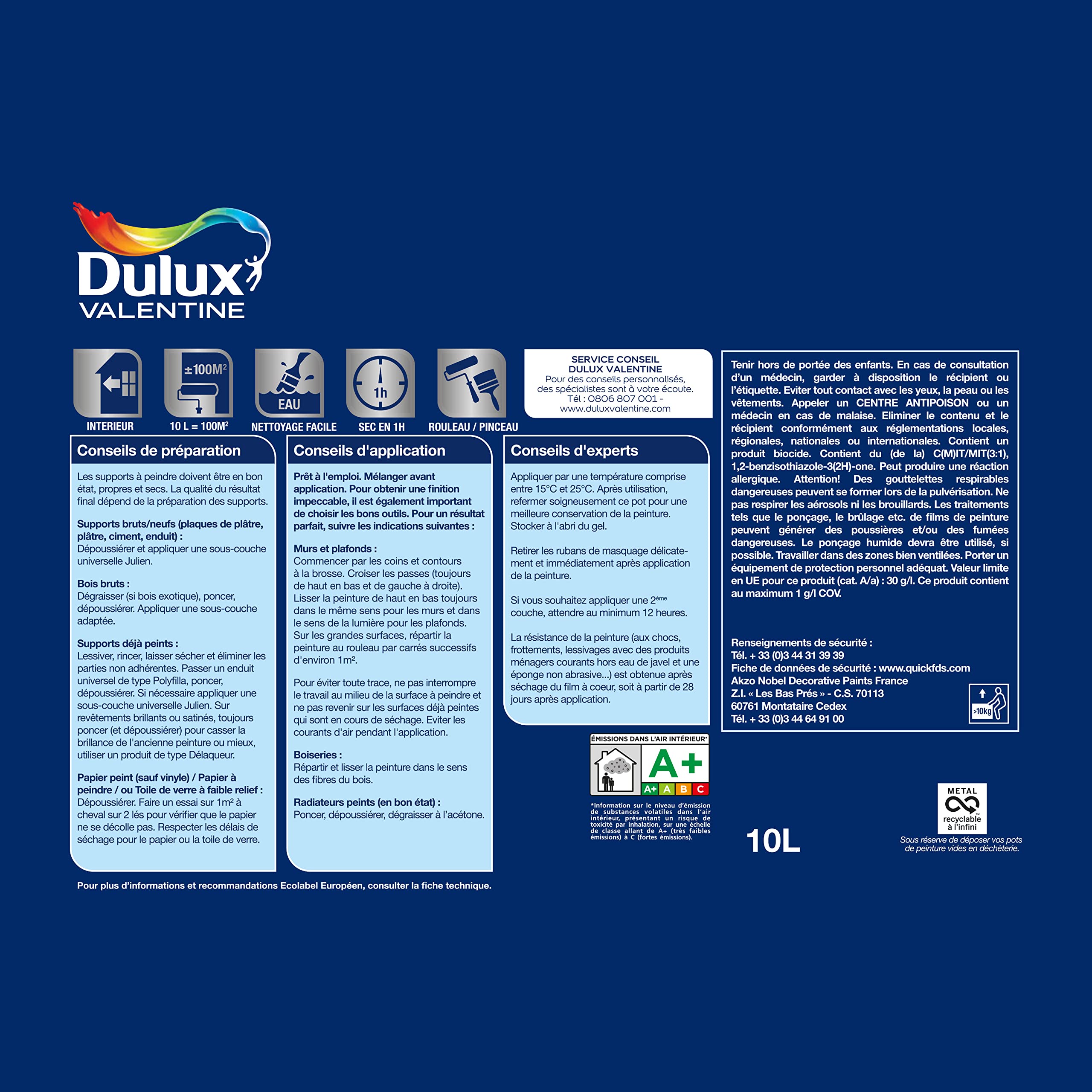 Dulux Valentine Le Blanc Finition Parfaite - Peinture Intérieure Murs, Plafonds et Boiseries - 98% d'opacité - Mat Blanc 10 L - Accessoires inclus