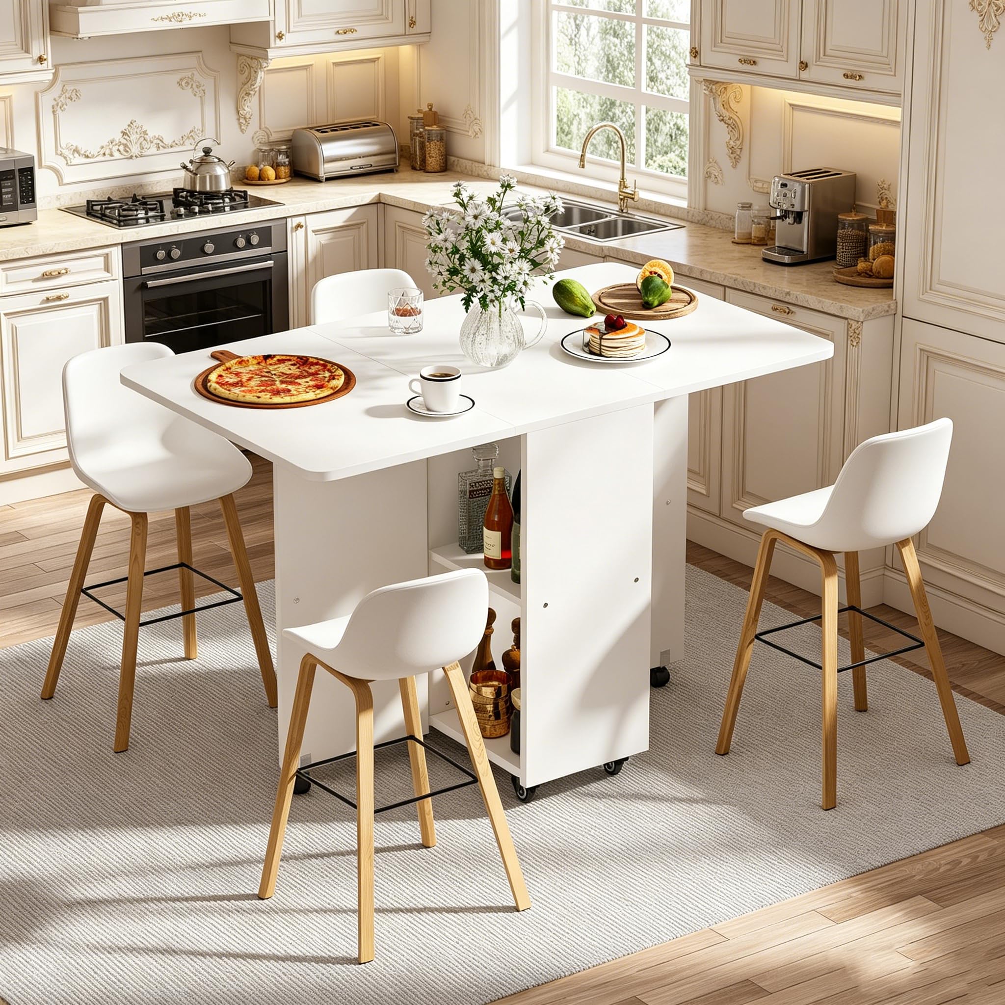 Mesa de comedor plegable con ruedas, mesa de cocina para 4 a 6 personas con gran mueble de almacenamiento, ideal pequeño espacio de cocina, comedor, 120 x 70 cm, color blanco