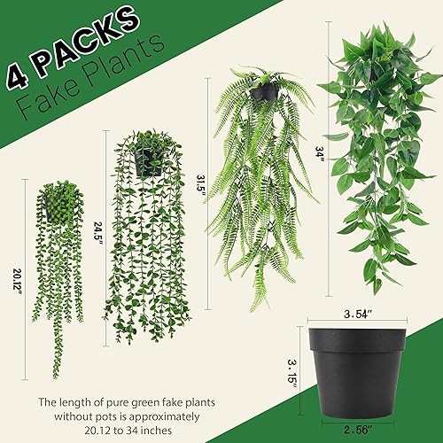 Miniatura 3 de Der Rose 4 piezas de plantas falsas colgantes de hiedra artificial, vid de falsa eucalipto, helecho Boston, cadena de perlas para decoración