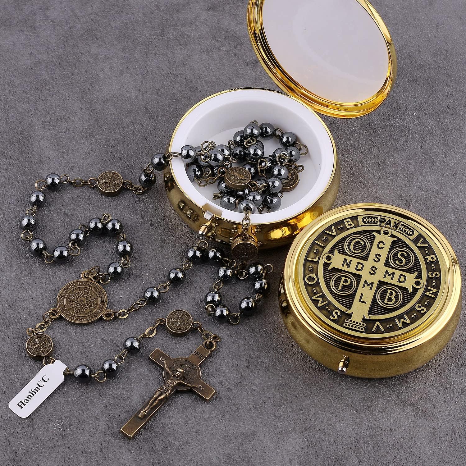 HanlinCC 6mm Hematite Beads with Anti-Bronze Saint Benedict Center Piece Medal and Crucifix Catholic Rosary Necklace for Men and Women with Gold Plated Metal Gift Box - Image 8