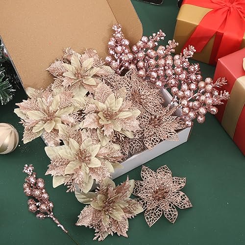 Miniatura 3 de Juego de 24 flores artificiales de Pascua de Navidad y bayas con purpurina, 2 estilos en total, 16 adornos de flores de árbol de Navidad, 8 piezas