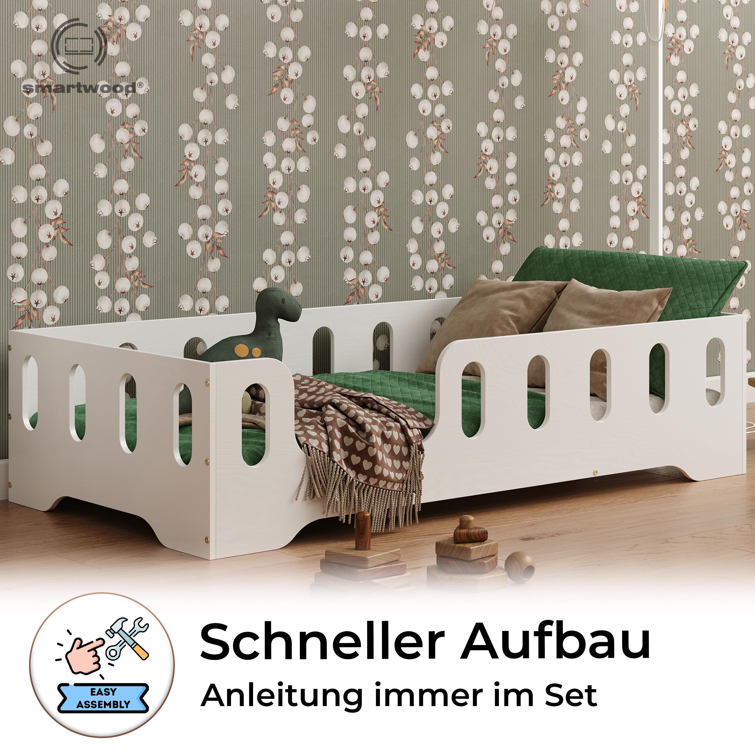 Smartwood Bodenbett 120x200 cm Weiß Montessori Kinderbett aus Holz mit FSC-Zertifikat TILA 2L Rausfallschutz Lattenrost bis 300kg