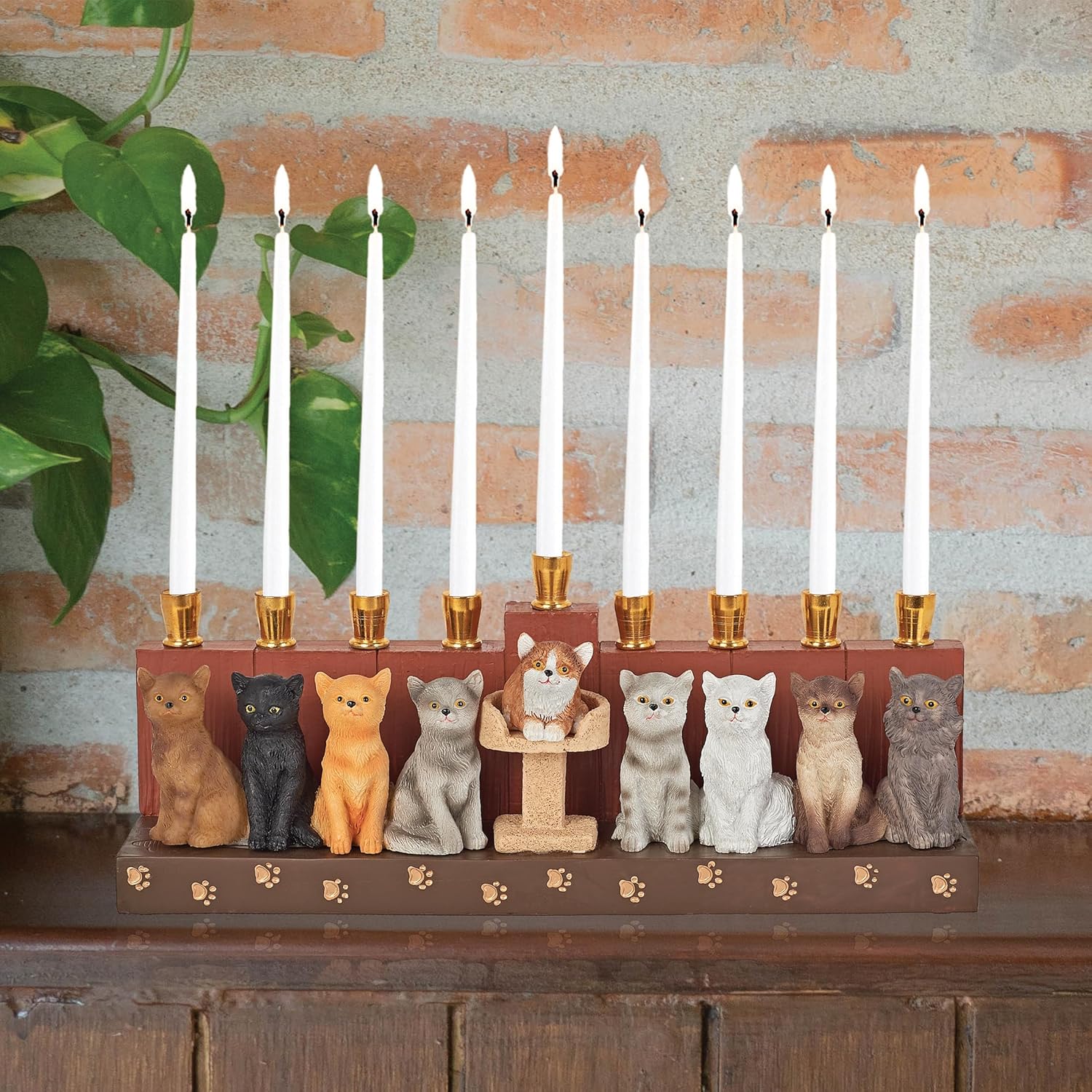 Hanukka Cat Menorah - 3D Sculptured Cats and Paw Prints on Menorahs Base Cats Themed Children Teens or Adults Collectible Hanukkiah Minorah- Fits Standard Chanukah Candles