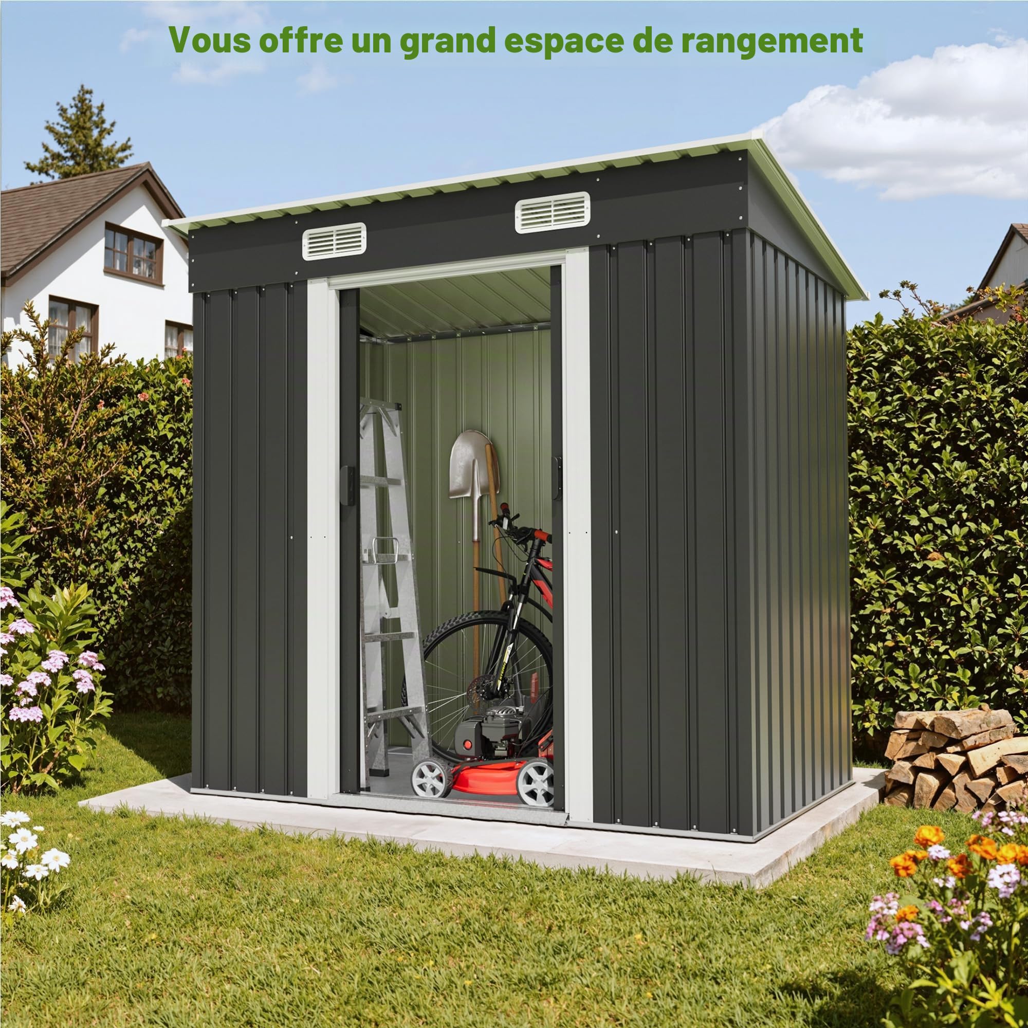 TRIUMPHKEY Abri de Jardin en métal 183x109x182cm avec Fondation 3,6m³ Abri de Jardin avec Toit en appentis et 2 Portes coulissantes, Anthracite, Garage à vélos, Résistant aux intempéries pour Outils