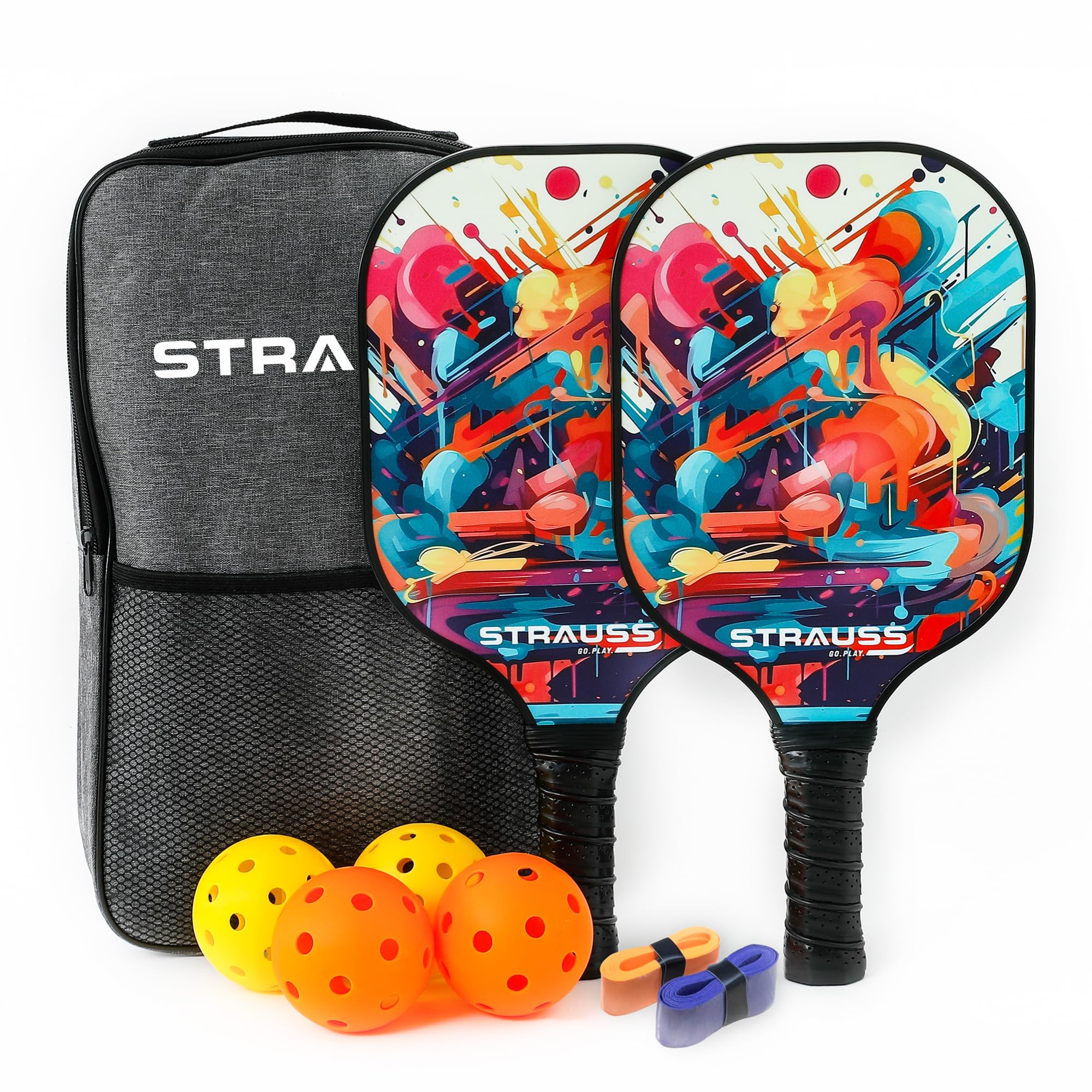 STRAUSS Pickle Ball Racket | Fiberglass Surface | Paddle Set of 2(Size 19.8*40cm), 4 Balls, 2Extra Cushioned Grips for Paddle | Pickle Ball Set | Pickleball Racket Set | Indoor/Outdoor Play (Colored)