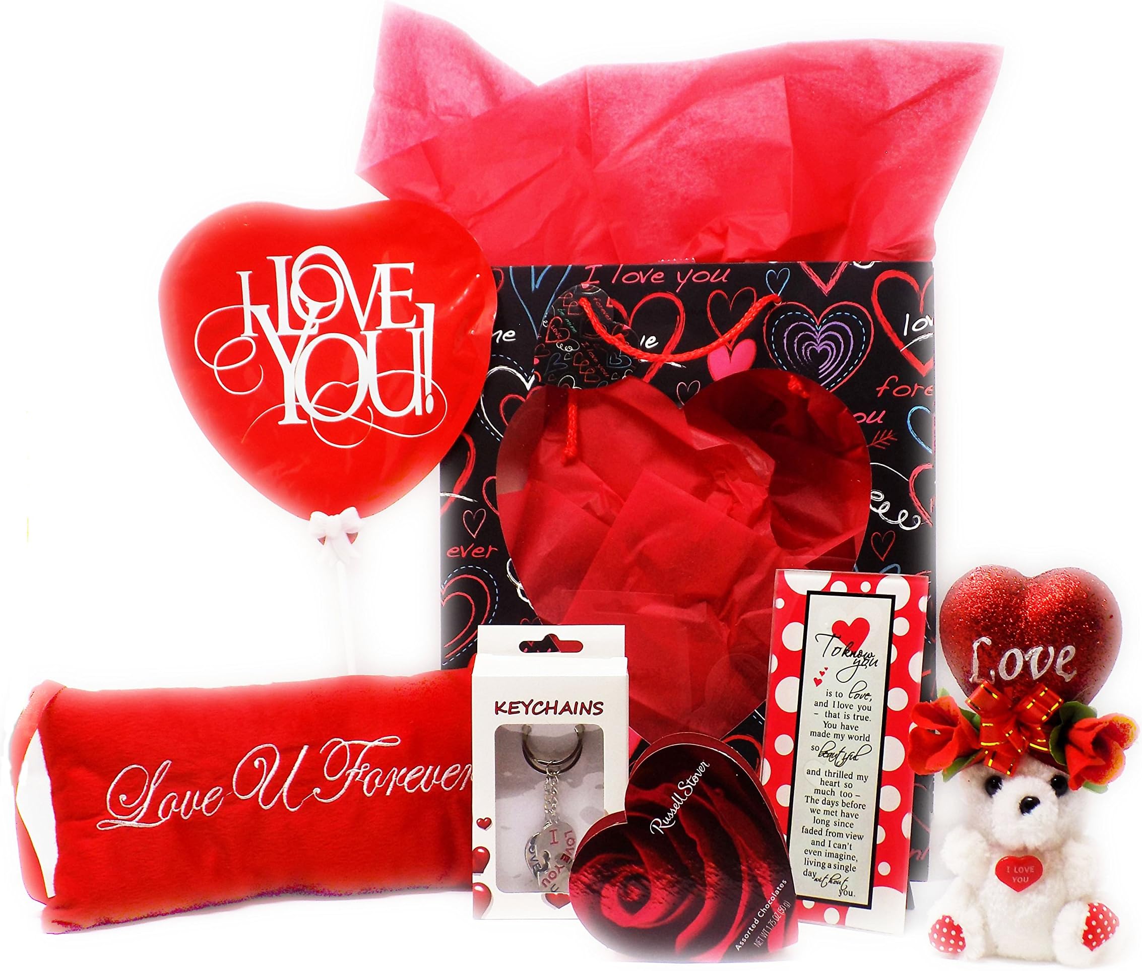 Valentine Gift Set - Complete with Gift Bag, Tissue Paper, Pillow, Love You Plush Bear with Rose, Valentine Balloons, Keepsake Poem, Heart Keychain & Heart Shaped Box of Chocolates !