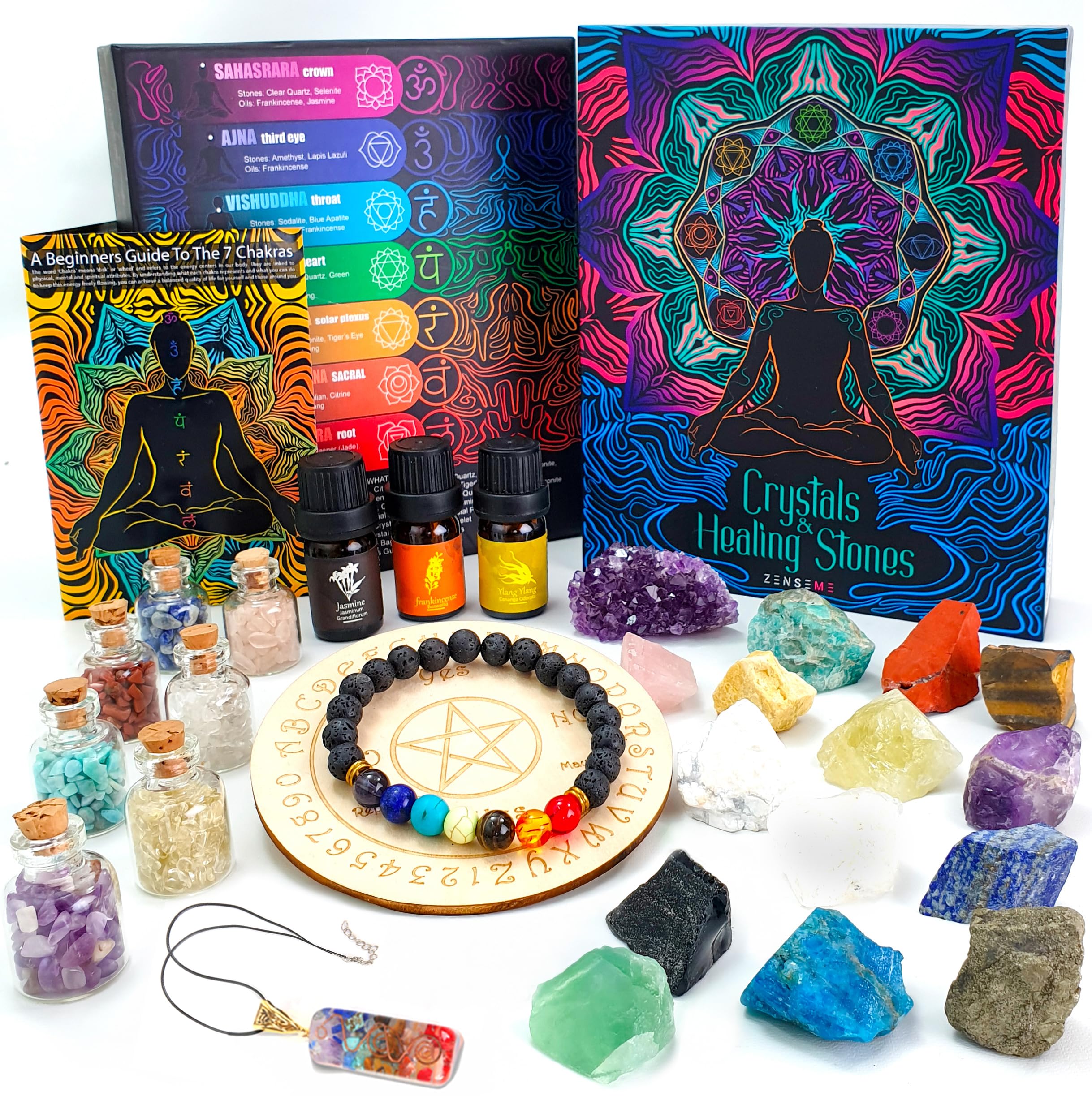Crystals and Healing Stones Set 31Pcs - Healing Crystals & Stones - 14 Real Raw Chakra Rocks, 7 Gemstones Bottles, 3 Essential Oils,Pendant Necklace, Pendulum Board, Amethyst Cluster, Bracelet & Guide