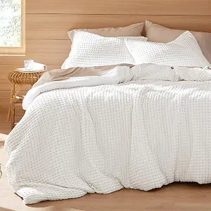 Bedsure Cooling Waffle Duvet Cover Queen - Cotton Blend Rayon Derived from Bamboo Duvet Cover for Hot Sleepers, Breathable Bedding Set with a Vintage Charm, 3 Pieces (Coconut White, Queen, 90"x90")