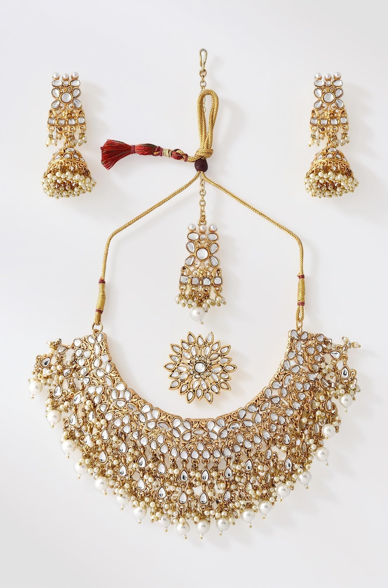 ZAVERI PEARLS Gold Tone Kundan Choker Necklace Earring Maangtikka & Ring Set For Women-ZPFK10799