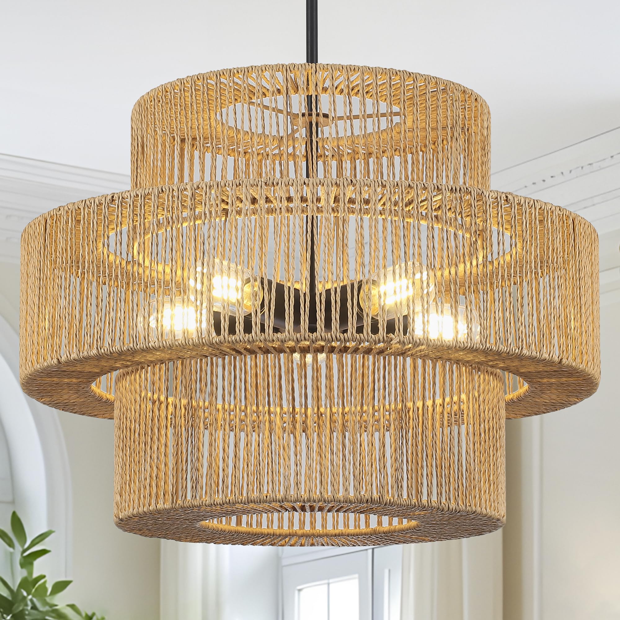 Pavloatu 22" Boho Hand Woven Rattan Chandelier Light Fixtures, 5 Light Farmhouse Pendant Light for Kitchen Island, 3 Round Large Wicker Chandeliers
