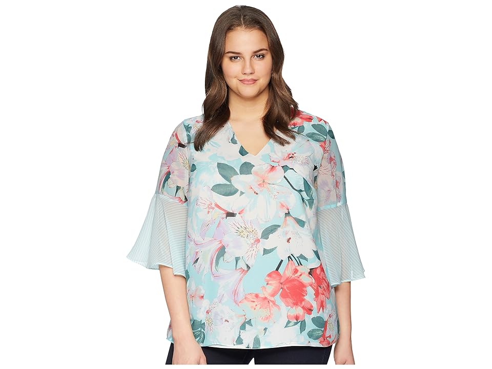 

Calvin Klein Plus Plus Size Print Flare Sleeve Blouse (Seaspray Multi) Women's Blouse
