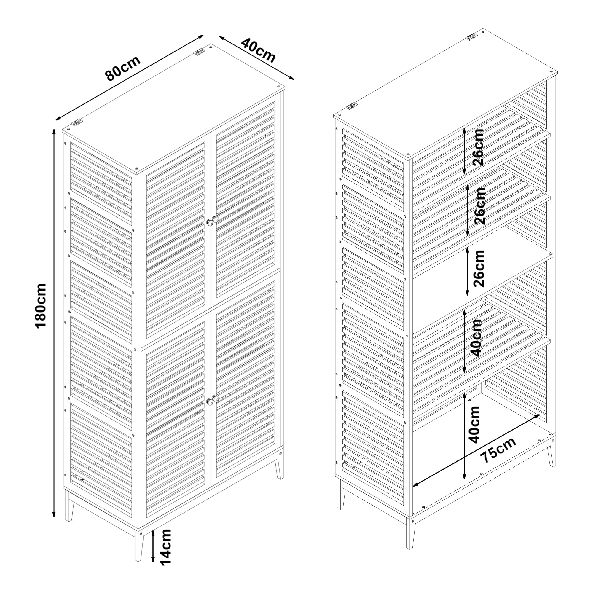 [en.casa] Badezimmerschrank Raurgela 180 x 80 x 40 cm Bambus Badezimmermöbel Küchenschrank Hochschrank Aufbewahrungsschrank