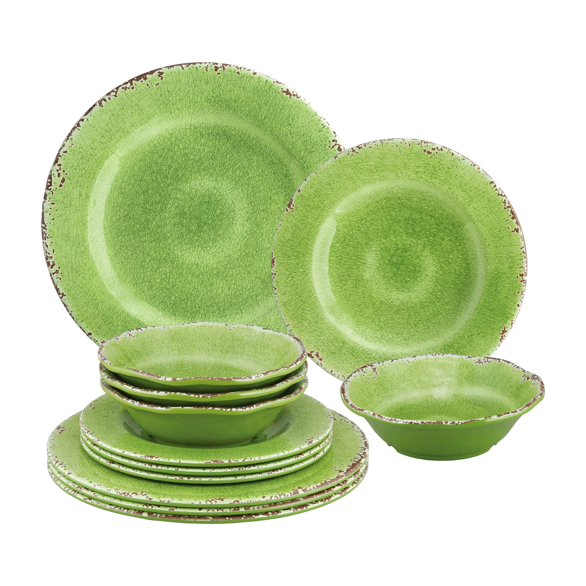 UP Ware Set Di Stoviglie In Melamina 12 Pezzi – Servizio Per 4 Con Piatti E Ciotole Effetto Crackle (Verde)