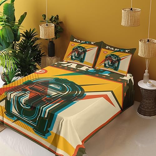 Miniatura 4 de Ambesonne Jukebox Sheet Set, Digital Retro Print Party Themed Old Antique Music Radio, Fitted and Flat Sheet with Pillowcases Bedding Accent 4 Piece