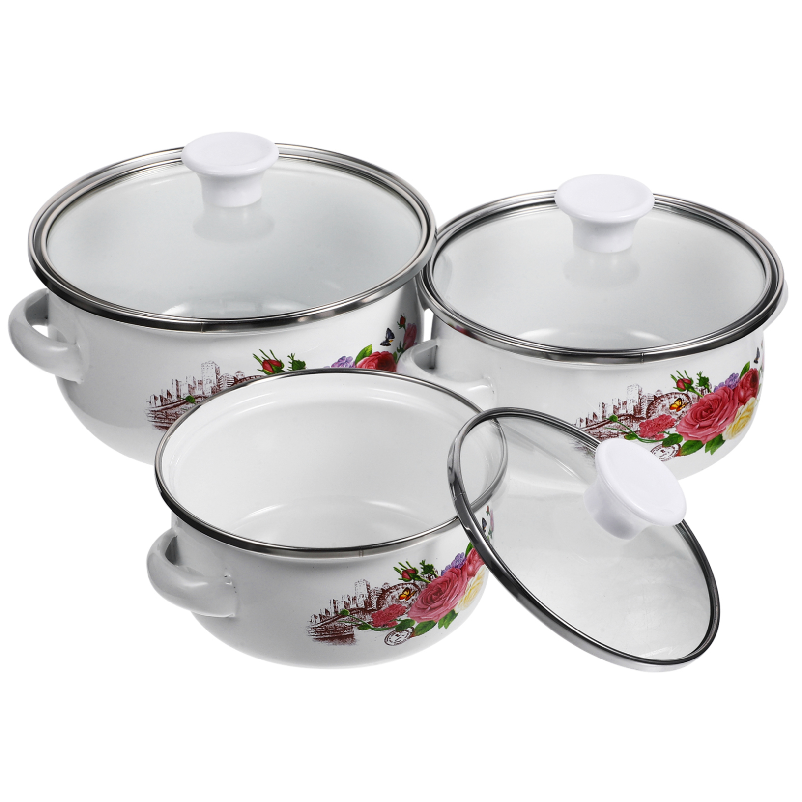 Set 3 Cazuelas Esmaltadas Con Tapa - 20.5, 18 Y 15 Cm, Para Sopa, Leche, Fideos, Inducción