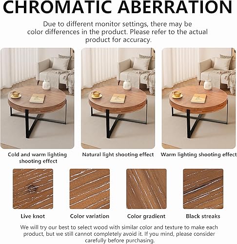 Miniatura 5 de Mesa de centro redonda de empalme retro moderna de 33.86 pulgadas, mesa de madera de abeto con base de patas cruzadas negras Negro (33.86")x,dorado